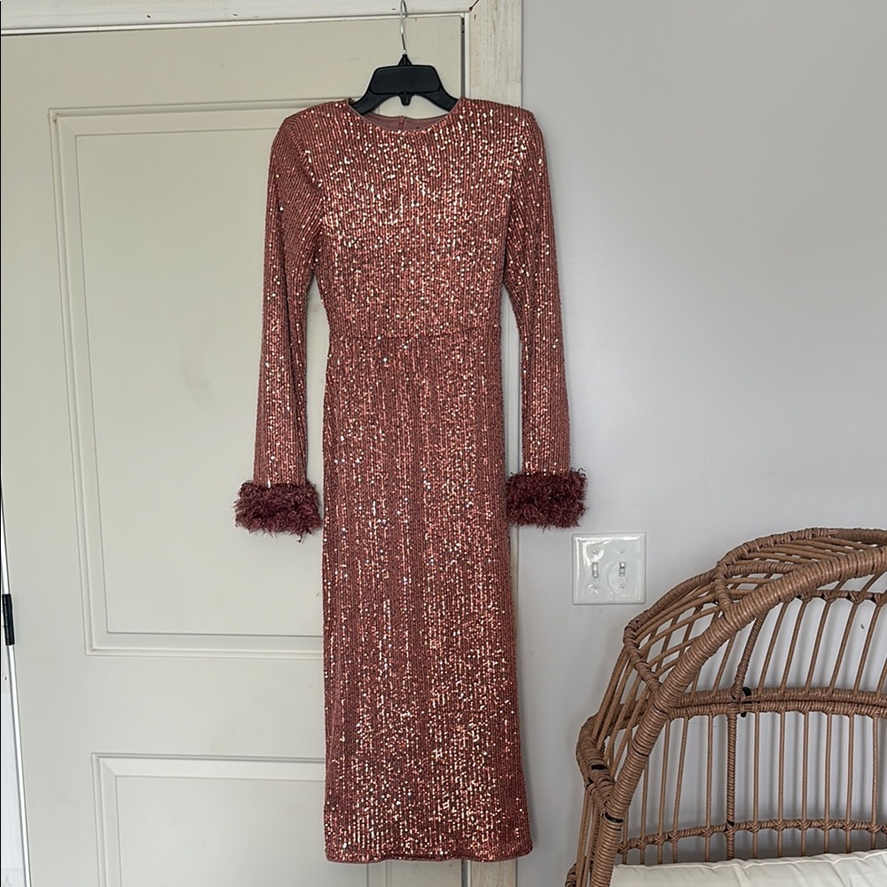 SHEIN Pink Sequin Bishop Sleeve Sheath Dress
